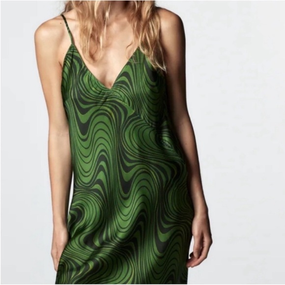 Zara Lara Psychedelic v-neck satin green Midi Slip Dress XL - Picture 10 of 13